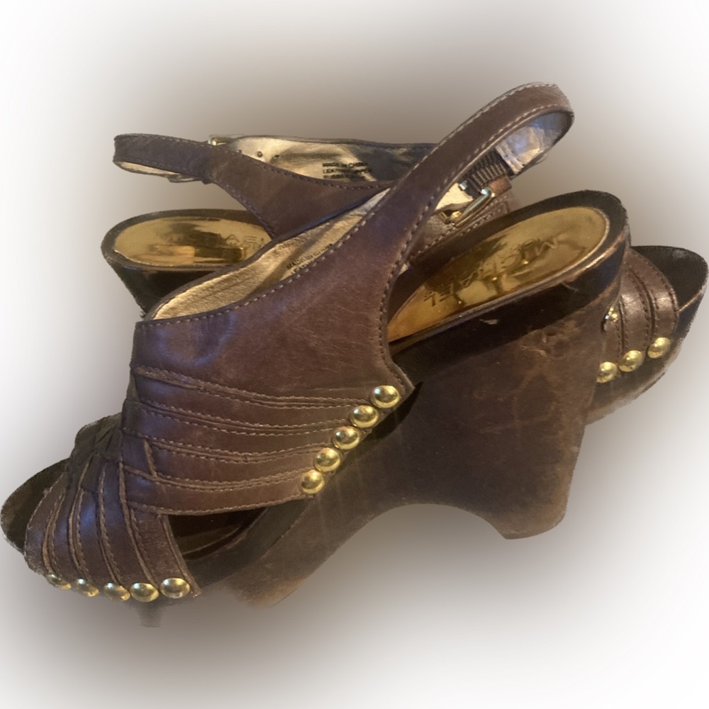 Michael Kors Brown Leather Studded Slingback Wedge Sandals